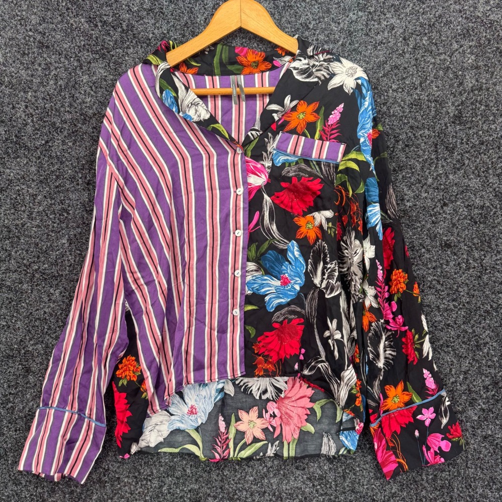 Anthropologie Mixed Print Floral Stripe Button Down Blouse Purple Floral Small